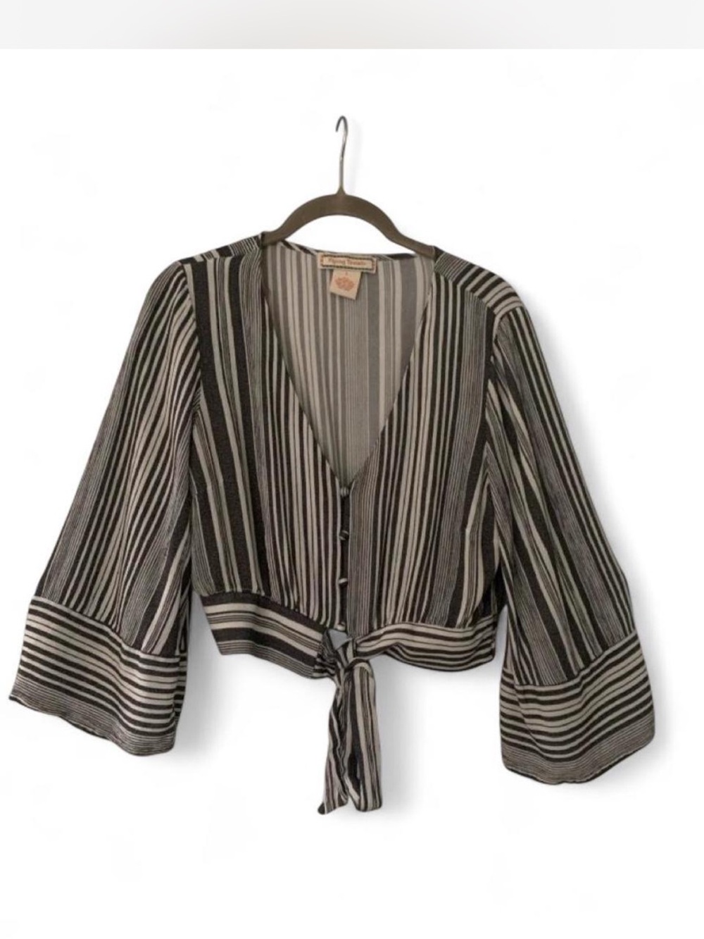 Flying Tomato Black & Cream Striped Tie-Front Blouse